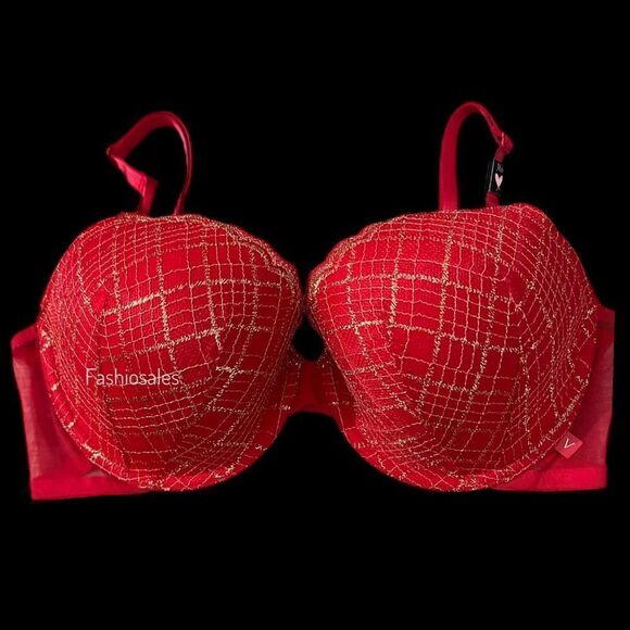 Victorias Secret Lined Demi Metallic Lace bra red and gold - Picture 3 of 7